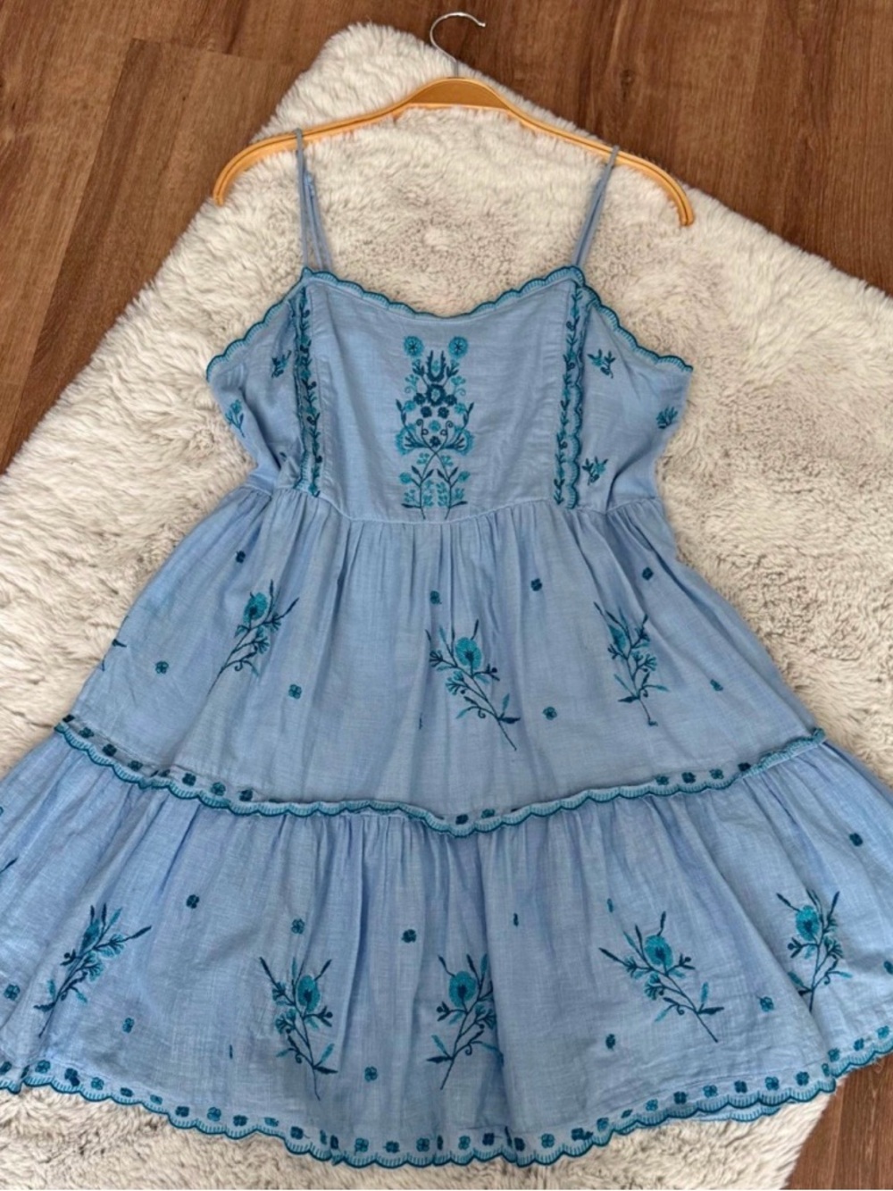 Urban Outfitters Light Blue Embroidered Tiered Spaghetti-Strap Dress